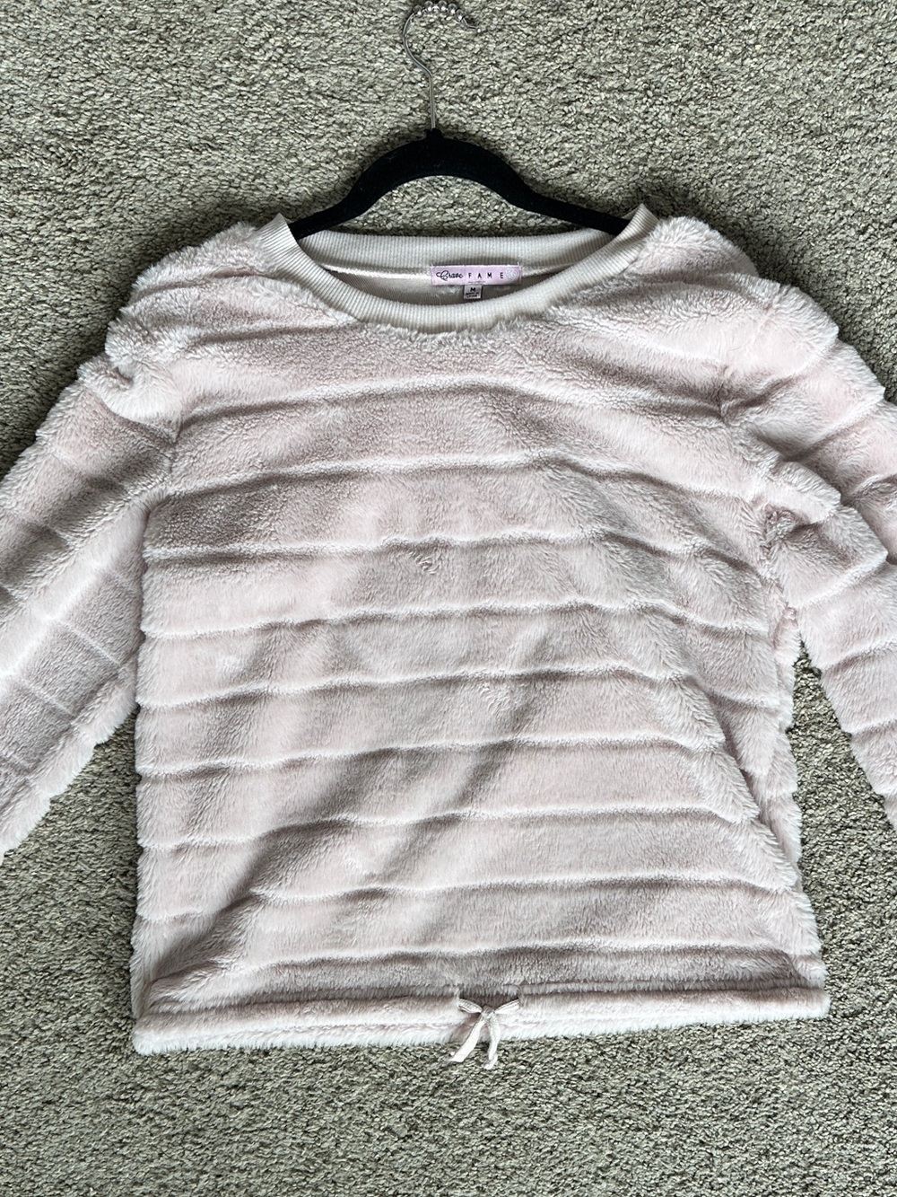 Crave Fame Plush Faux Fur Horizontal Stripe Pullover - Pale Pink